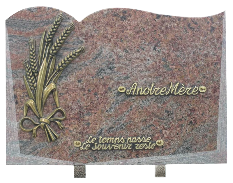 Plaque 102 en forme de livre en granit rose d'Alva décor épi de blé