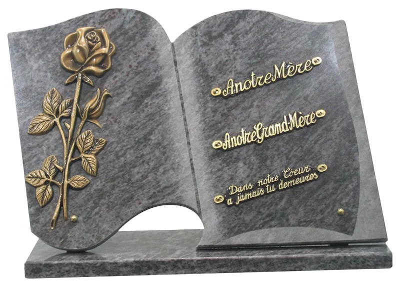 Plaque 110 en forme de livre en granit Mass Blue avec bronze rose
