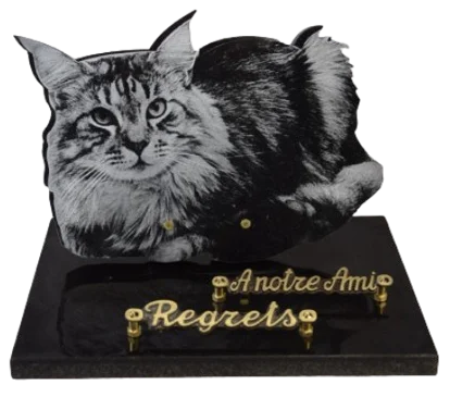 Plaque CHAT1 en granit noir fin avec décor chat assis découpé