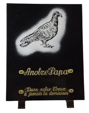 Plaque pigeon granit noir REC25X20.4 décor pigeon dépoli blanc