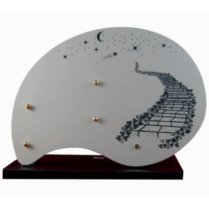 Plaque en céramique blanche avec décor gravé ciel étoilé et escalier de dimensions 35x27 sur base, avec emplacements pour deux inters bronze